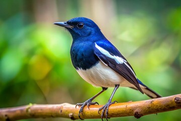 Fototapeta premium Minimalist Photography of an Oriental Magpie Robin on a Branch in a Serene Forest Setting for Birdwatching Enthusiasts