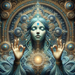 Serene goddess in meditative pose with ornate cosmic details
