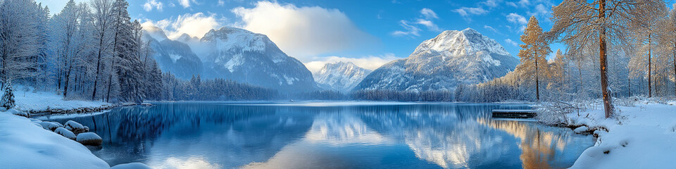 A beautiful snowy landscape with a lake and mountains in the background