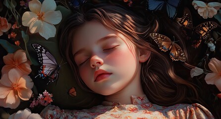 A girl sleeping amidst flowers, surrounded by butterflies and fireflies