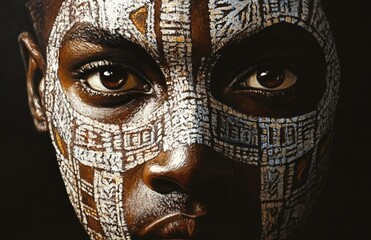an African man with face paint, tribal marks, and facial tattoos