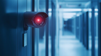 Security camera with red LED light in blue corridor. Business surveillance system advertising