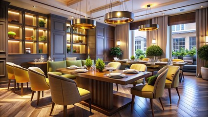 Obraz premium Modern Dining Room with Food Delivery Setup and Stylish Decor for Architectural Photography