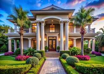 Fototapeta premium Modern Home Exterior with Strong Columns and Elegant Trim in Drone Photography