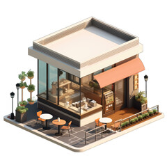 A small cafe with a red awning and a few potted plants