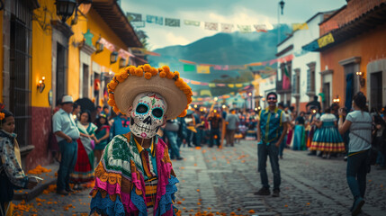 Obraz premium A vivid scene of a Día de los Muertos procession in a traditional Mexican town square.