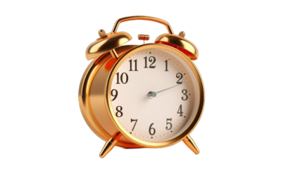 A gold alarm clock with a white face showing the time 