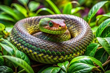 Fototapeta premium A green snake is curled up in a leafy green bush
