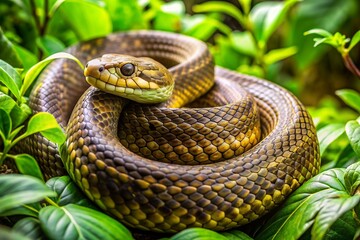 Fototapeta premium A green snake is curled up in a leafy green bush