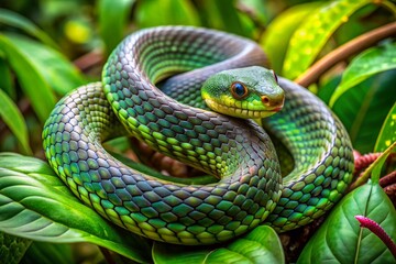 Fototapeta premium A green snake is curled up in a leafy green bush