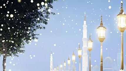 Majestic Mosque Minarets and Lanterns with Snowy Effect Under a Clear Sky