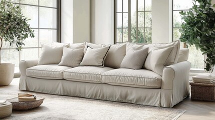 Fototapeta premium Beige Sofa with Pillows in a Modern Living Room