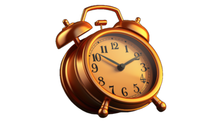 A gold alarm clock with the hands on the number 3 and 9