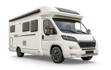 Modern white camper van isolated on transparent background promoting travel and freedom