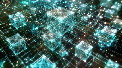 A complex 3D visualization of blockchain nodes forming a digital grid, with bright green and blue hues illuminating a dark, futuristic background.