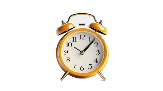 A yellow alarm clock with the time 