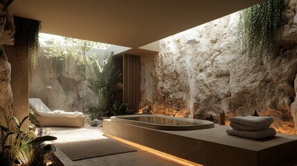Fototapeta premium Modern Stone Bath with Natural Light and Lush Greenery