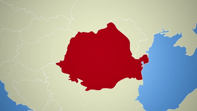 Zoom-in animation highlighting Romania location on Europe world map in 4K