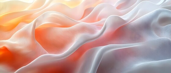 Obraz premium An abstract and ethereal composition of flowing, translucent fabric in soft hues of orange, white, and cream, creating a serene and dreamy atmosphere.