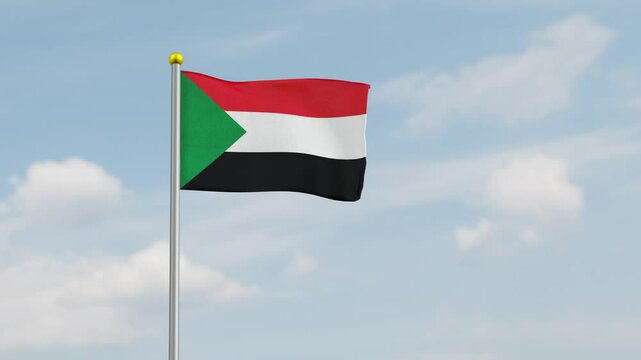 Realistic animation of the Sudanese national flag waving with a clear sky background. Perfect for independence day. Sudan flying or fluttering flag in the wind with realistic fabric texture