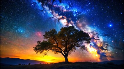 Fototapeta premium Night Photography of a Binary Tree Silhouette Under a Starry Sky with Glowing Lights