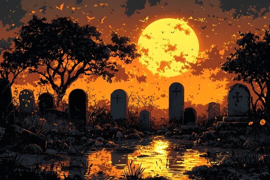 A hauntingly beautiful sunset over a serene graveyard, showcasing silhouettes of tombstones and bats flying against the vibrant orange backdrop.