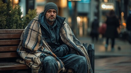 Obraz premium A homeless man sitting on a park bench wrapped in a warm blanket, focus on poverty and homelessness, cold outdoor urban scene.