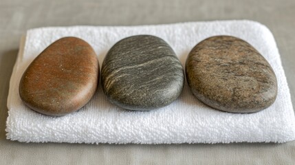 Obraz premium Three Smooth Stones Resting on a White Towel