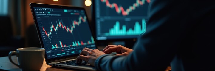 Fototapeta premium A focused individual analyzes stock market trends on a laptop, surrounded by digital charts and data, perfect for financial services, trading, and investment themes.