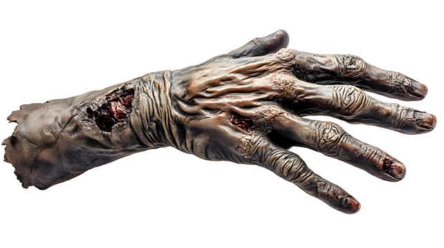 Creepy Realistic Zombie Hand Prop with Decayed Skin and Outstretched Fingers on Transparent Background - Powered by Adobe