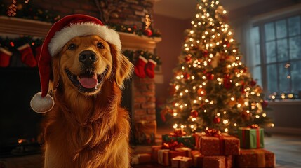 Golden Retriever Spreading Christmas Joy with Santa Hat