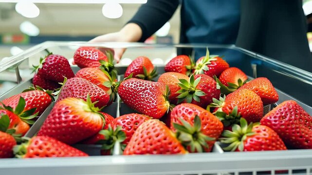 Highquality footage supermarket employee replenishing strawberry boxes lf while customer selects one fresh produce meticulous stocking grocery store setting filmed 4K detail berry