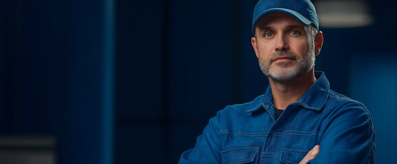 Professional in blue uniform and cap on dark background. Service company staff portraits