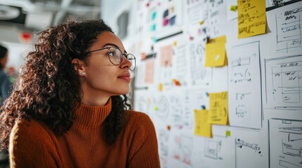 A UX designer sketching wireframes on a whiteboard, creative and collaborative atmosphere