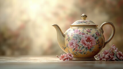 Elegant Floral Teapot on Wooden Table