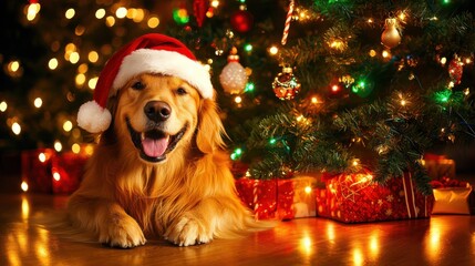 Golden Retriever in Santa Hat with Glowing Christmas Lights