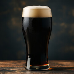 Rich, dark brown beer in an Irish pint glass with thick white head on rustic wooden table