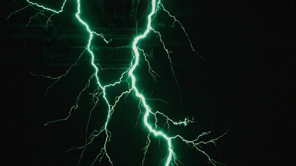 Electric green lightning bolts crackling across deep black background, illuminating the dark void, creating a striking contrast, symbolizing power and energy, capturing attention with vibrant, dynamic