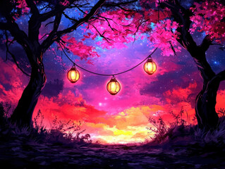 serene landscape featuring vibrant pink trees and glowing lanterns against colorful sunset sky. scene evokes sense of tranquility and beauty, perfect for relaxation