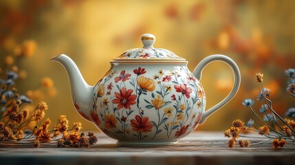 Floral Teapot on Wooden Table - Vintage Tea Time