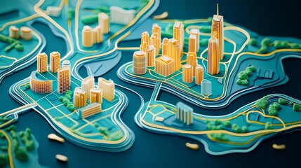 A vibrant 3D cityscape model showcasing buildings, rivers, and landscapes, perfect for urban planning and design themes.