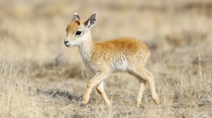 Saiga Antelope Calf Roaming in Its Steppe Habitat