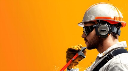 Fototapeta premium a man wearing a hard hat and glasses brushing his teeth