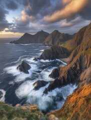 Obraz premium Dramatic Coastal Landscape with Waves Crashing on Rocky Cliffs