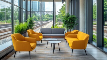 Fototapeta premium Modern Lobby with Yellow Chairs and a View of Train Tracks
