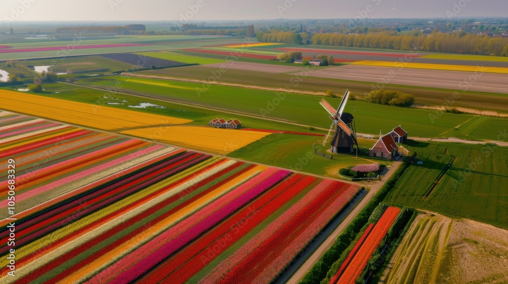 Fototapete a vibrant view of the colorful tulip fields and windmills of the netherlands during spring with brig
