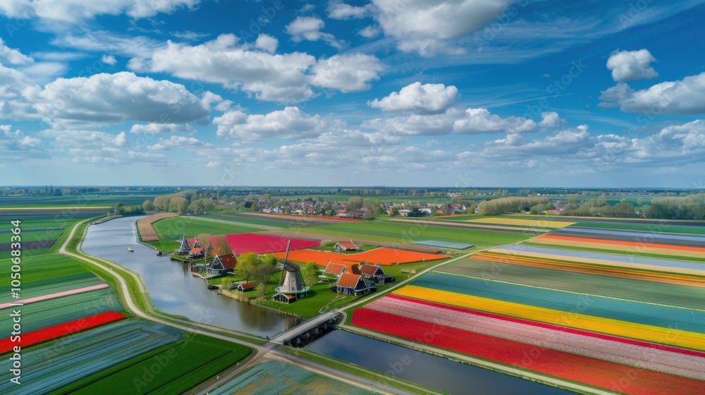 Aufkleber a vibrant view of the colorful tulip fields and windmills of the netherlands during spring with brig
