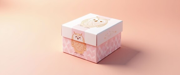 Obraz premium A box with an owl on it. The owl is looking at the camera. The box is pink
