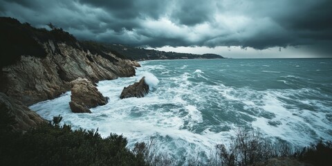 Obraz premium Dramatic Stormy Sea with Rocky Coast and Dramatic Sky