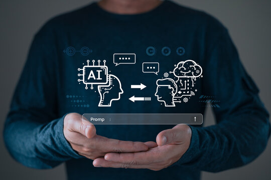 man holding smart AI chatbot and command prompt.Big data storage.Digital Artificial Intelligence technology disruption concept.We are implementing automated tech support and service in the business. - Powered by Adobe